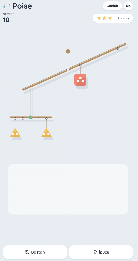 Two yellow triangle weights on a suspended lower beam and a coral square on the upper beam