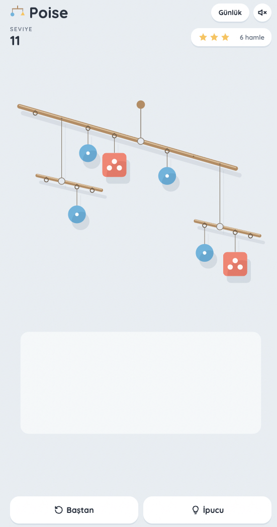 Tilibrio puzzle with blue circles and coral squares suspended from wooden balance beams